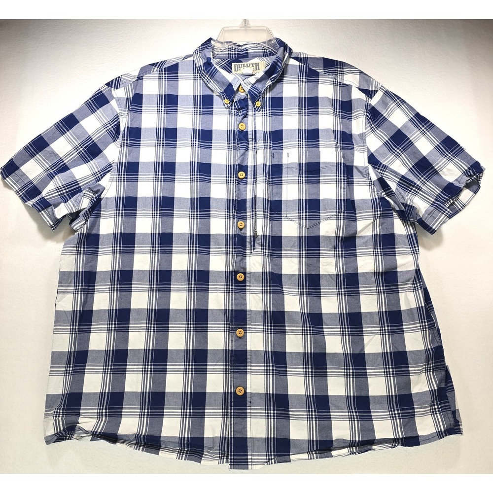 Duluth Trading Co Mens 2XL Blue White Plaid Short Sleeve Button Down Shirt